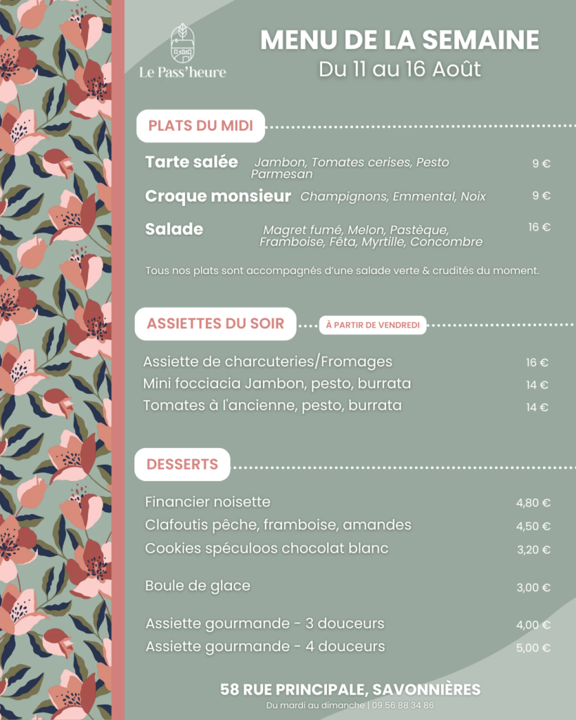 Menu Pass Heure 11 au 16 aout 2026